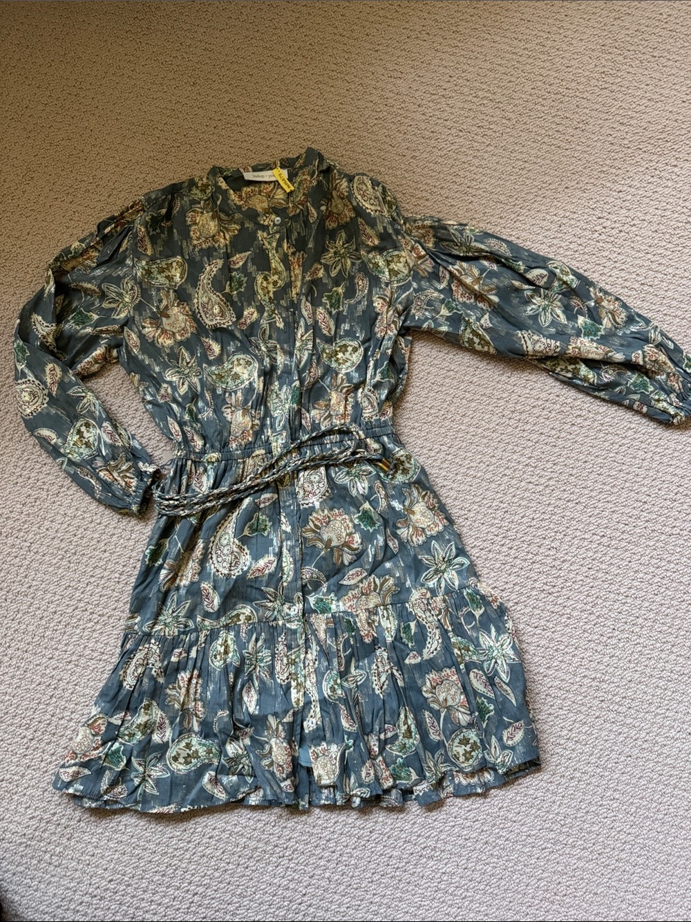 Floral Paisley Button-Front Dress in metallic Slate Green